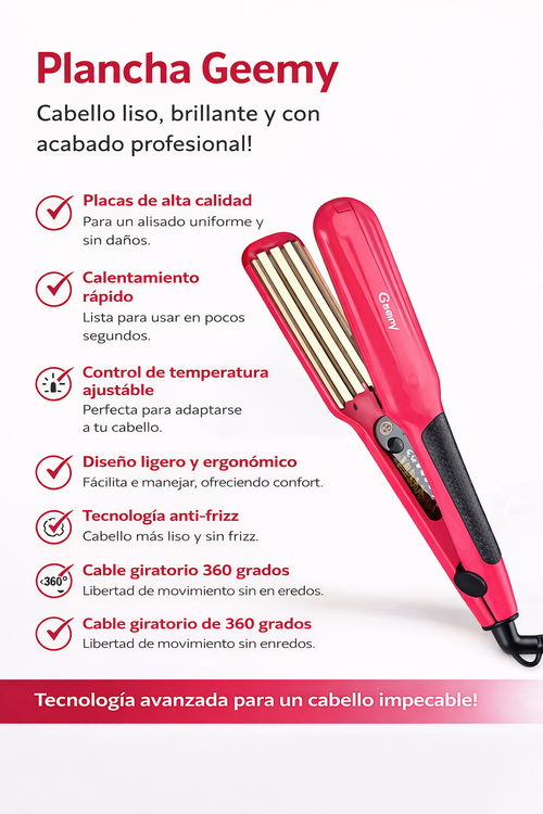 Plancha Geemy Cabello liso, brillante y con acabado profesional